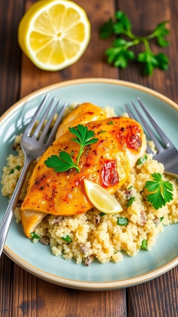 Lemon herb chicken on a bed of quinoa, garnished with parsley, on a rustic table with lemon.